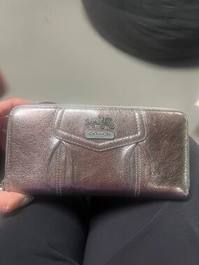 Coach Dark Gray Metallic Leather Zip Wallet - Silver/hematite/pewter